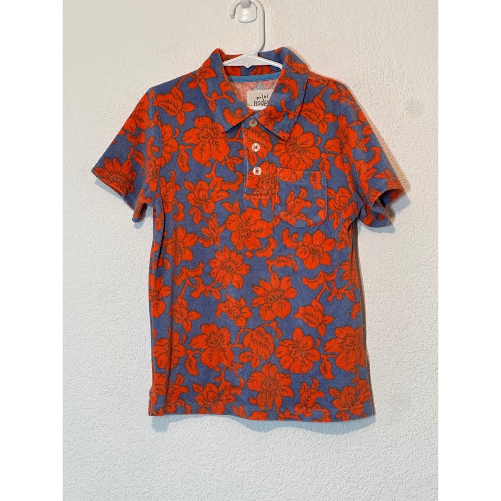 Mini Boden Kids Blue Orange Floral Terry Cloth Polo Shirt 7-8Y 21915 Hibiscus